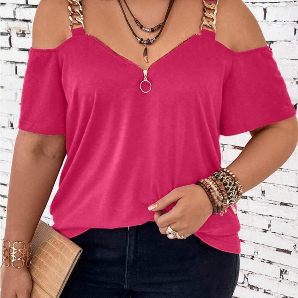 SHEIN LUNE Plus Size Chain Cold Shoulder Solid Color Blouse